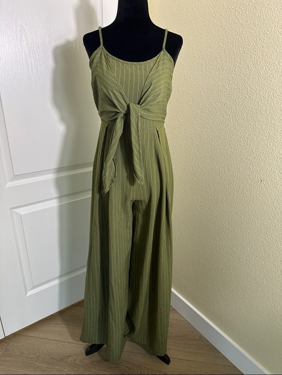 Flying Tomato Pants - Fly Tomato Olive Green striped Tie-Front Wide-Leg Jumpsuit. Size X-Small
